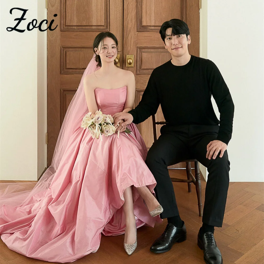 

Zoci Sweet Pink Strapless Korea Wedding Dresses Photos Shoot Customized Satin Remove Sapghetti Straps Evening Formal Party Gown