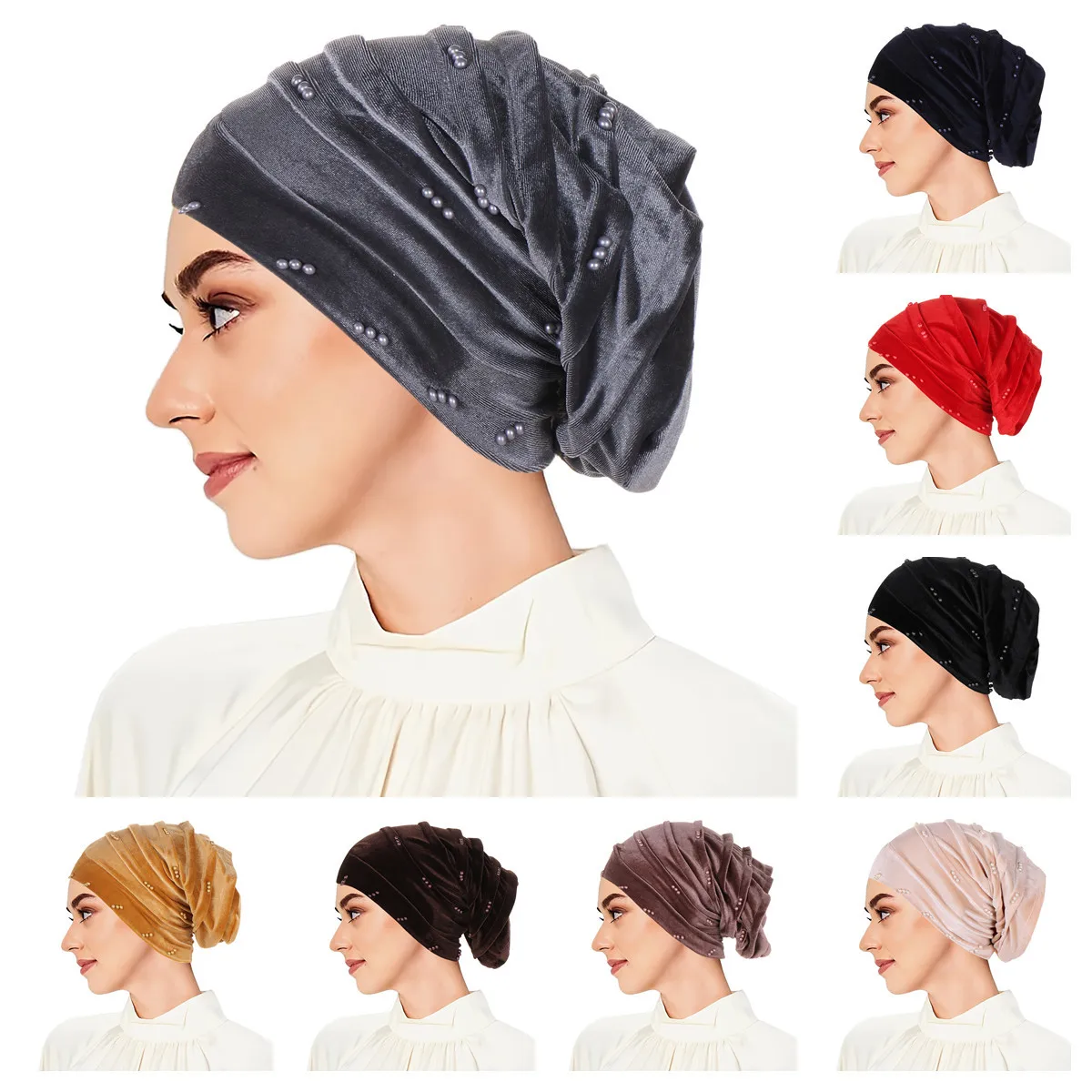 1PC Solid Or Multicolor Women's Crossed Turban Cap With Velvet & Bead Decoration, Muslim Hijab Cap