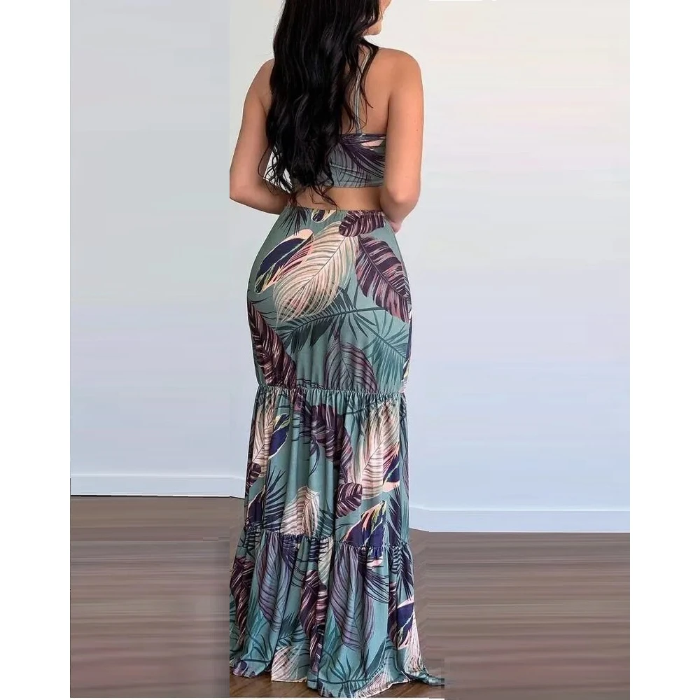 Maxikleid für Damen mit tropischem Druck, Taillenausschnitt, V-Ausschnitt, lässiger Spaghettiträger, Meerjungfrauenschwanz, Boho-Urlaub, Sommermode