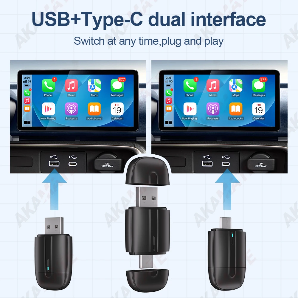 2in1 Wireless CarPlay Dongle แบบมีสายไร้สาย Android Auto รถวิทยุ Type-C USB Plug and Play สําหรับ Audi Toyota VW Benz สําหรับ OEM