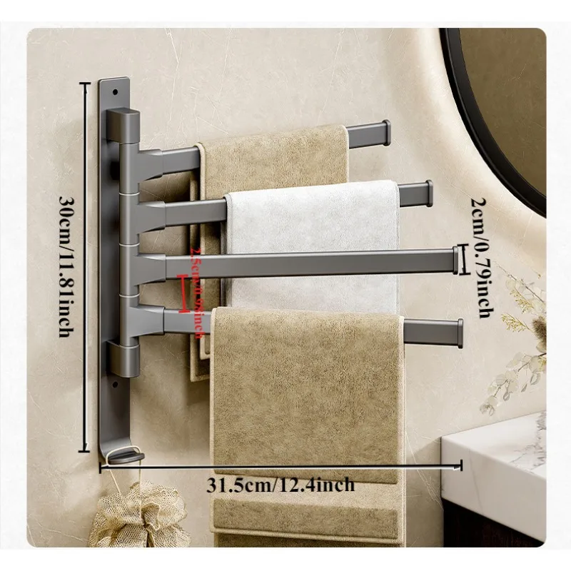 2 Pcs Gun Ash 180° Rotating Storage Rack, Perforation-free, Bathroom Wall Hanging Rack 2/3/4 Rods Bathroom Accessories