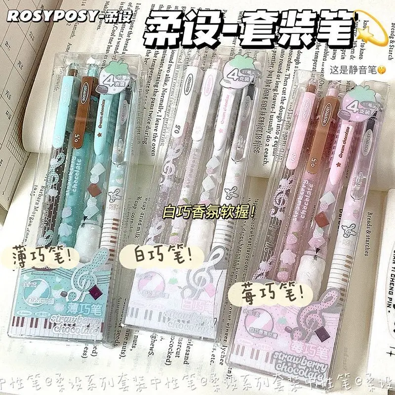 

2026 Trendy RosyPosy Neutral Tone Pen,Ins Style Aesthetic Strawberry&Music Notes Design,0.5 Retractable Sign Pen For Office&Exam