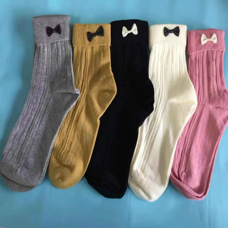 Women Sweet Bow Short Cotton Princess Sock Girls Comfortable Solid Ankle Socks 5pair/lot