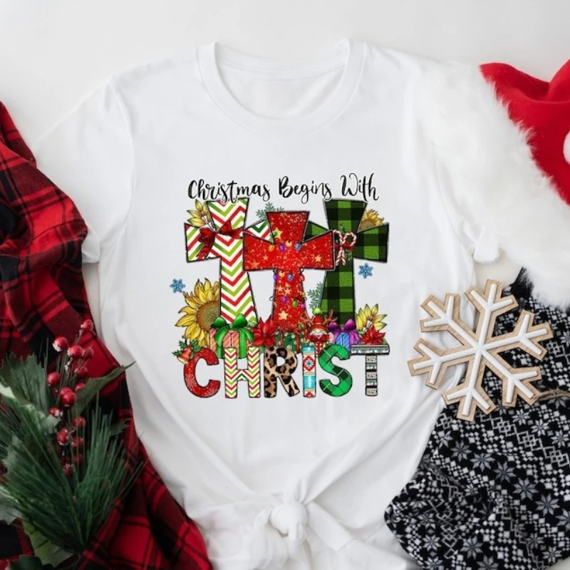 Merry Christmas Shirt Leopard Christmas Shirt for Women Religious Christmas Cotton T-shirt Cross Shirt Christmas Gift for Mom