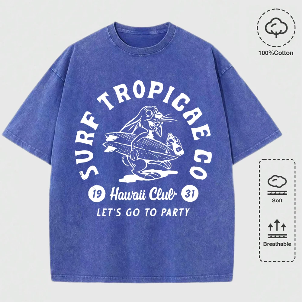 

Hawaii Surf Tropicae Go Printed Men Washed Tee Shirt Cotton Summer T Shirts All-Match Loose Top Hip Hop Casual Soft Clothes