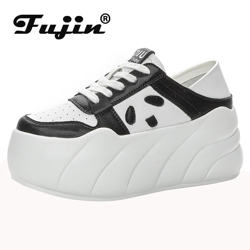 Fujin 8cm Natural Genuine Leather Casual Pumps Fashion Women Shoes Vulcanize Chunky Sneakers Platform Wedge Comfy Mixed Color