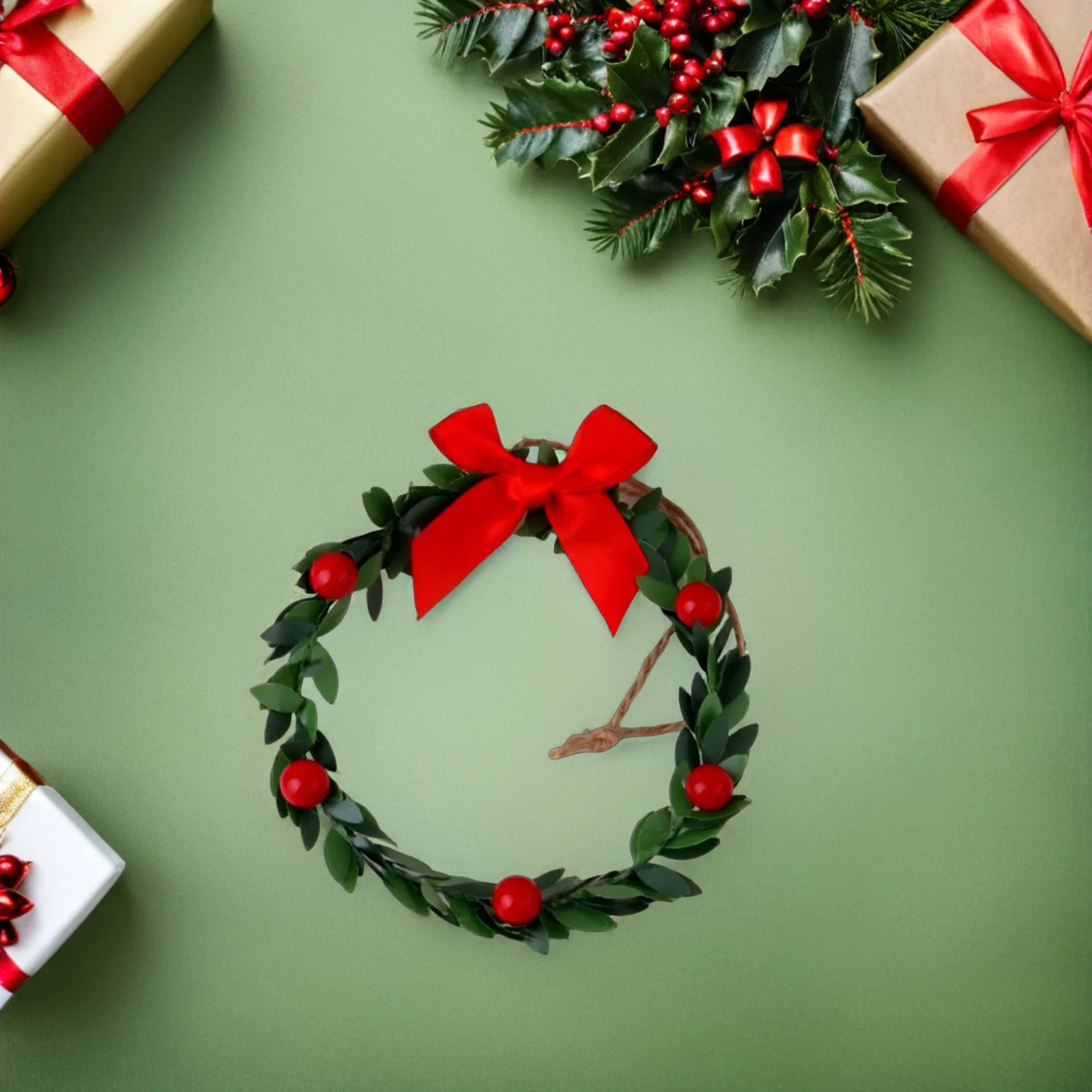 

9 Pcs Christmas Ribbon Cabinet Wreaths with Hanging Bows Mini for Kitchen Door Window Holiday