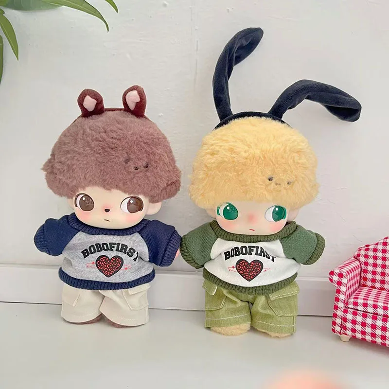 

Clothes Accessories For DIMOO And 17cm Labubu Plush Keychain Dolls Adorable Home Casual Outfit Heart Print Raglan-Sleeve Tee