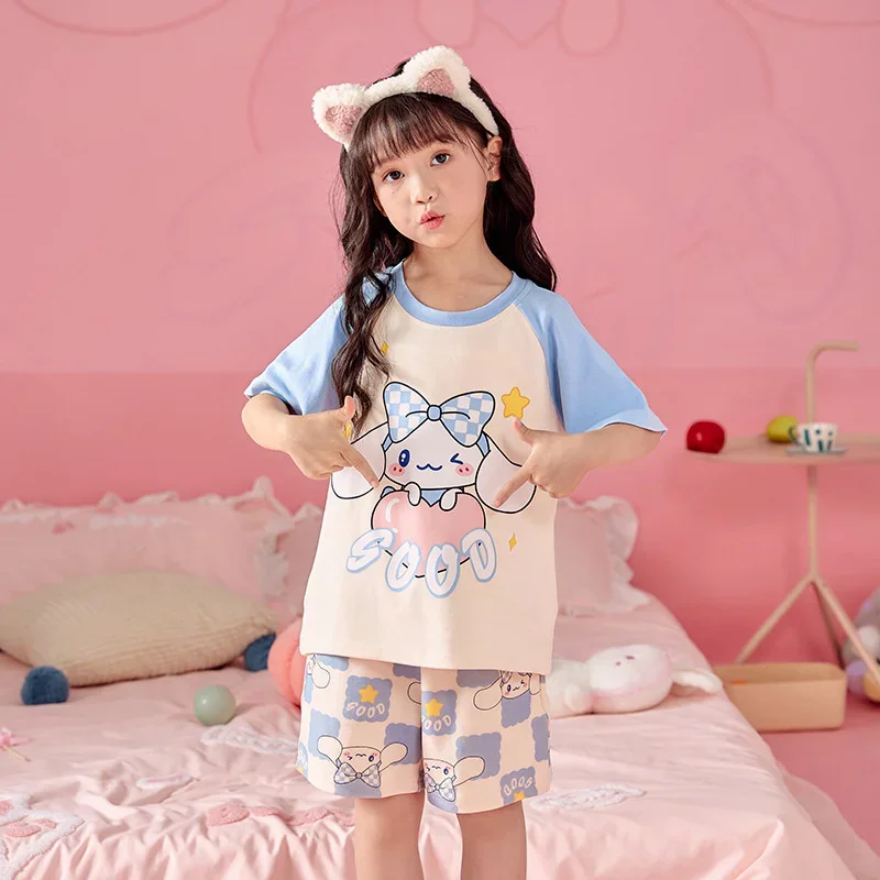 2024 Kawaii My Melody Cinnamoroll Children Pajama Sets Girl Short-Sleeved Shorts Cotton Sleepwear Kuromi Summer Kids Loungewear