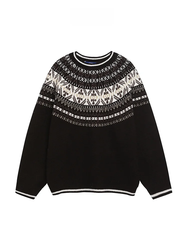 

American Retro Ethnic Pattern round Ne Sweater Versatile ex Couple Autumn Winter Knittedwear Street Sle Loose Fit