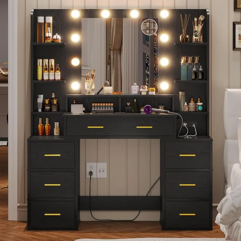 Vanity Desk with Mirror and Lights & Glass Top,10x Magnifying Mirror & Charging Station, Table with 8 Drawers, Vanity Desk