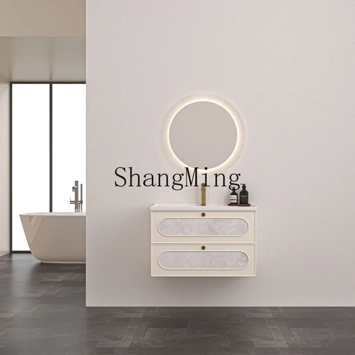 

SM Home Cream Style Ceramic Integrated Basin Bathroom Cabinet Set Simple Washroom Sink Washbasin Basin