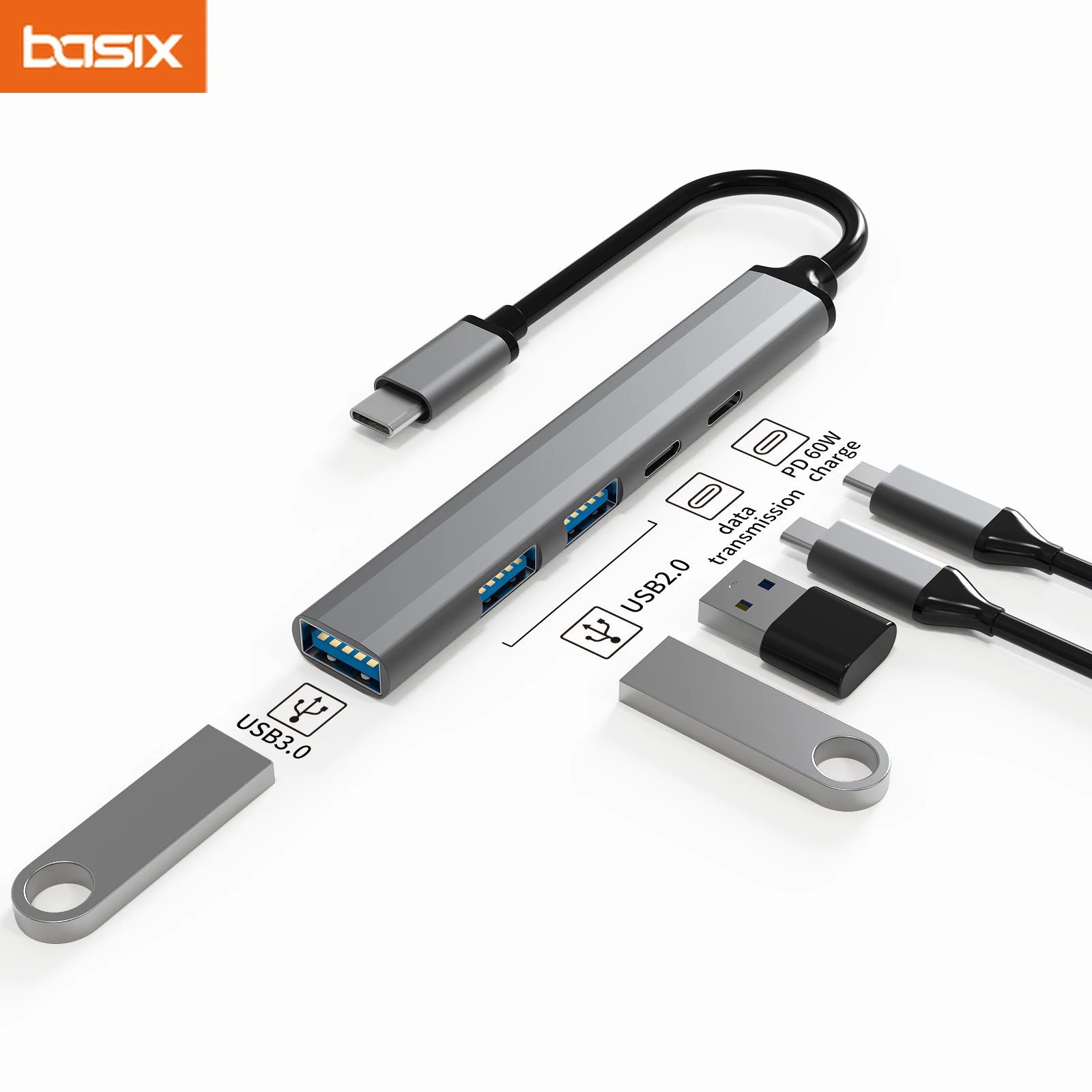 Basix usb c hub docking station 5 in 1 Type-C to USB2.0 PD60W USB C data*2 USB3.0 for Macbookpro M1 M2 Xiaomi Notebook