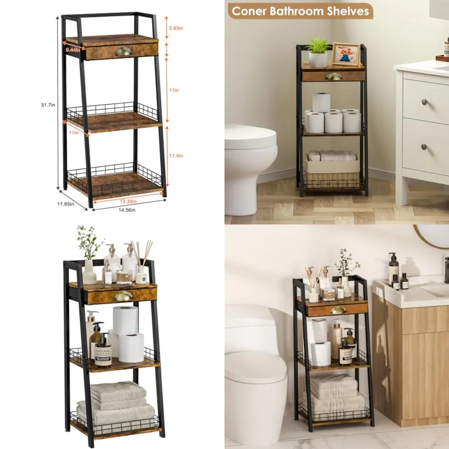 

3-Tier Bathroom Shelves with Canvas Drawer, Floor Bathroom Storage Shelf, Small Storage Stand Rack, Freestanding Ladder Shelf f