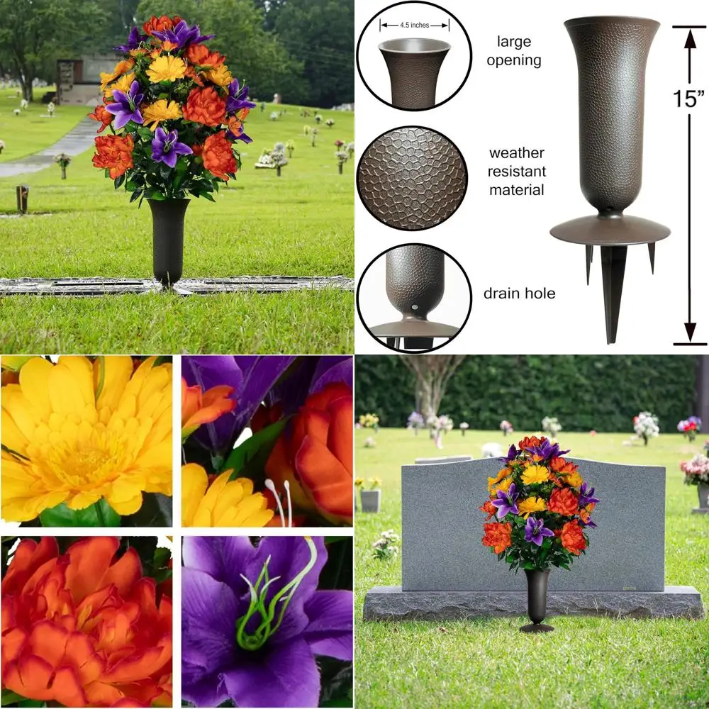 

Изысканная композиция для кладбища: оранжевые пионы, фиолетовые лилии и желтые маргаритки в вазе