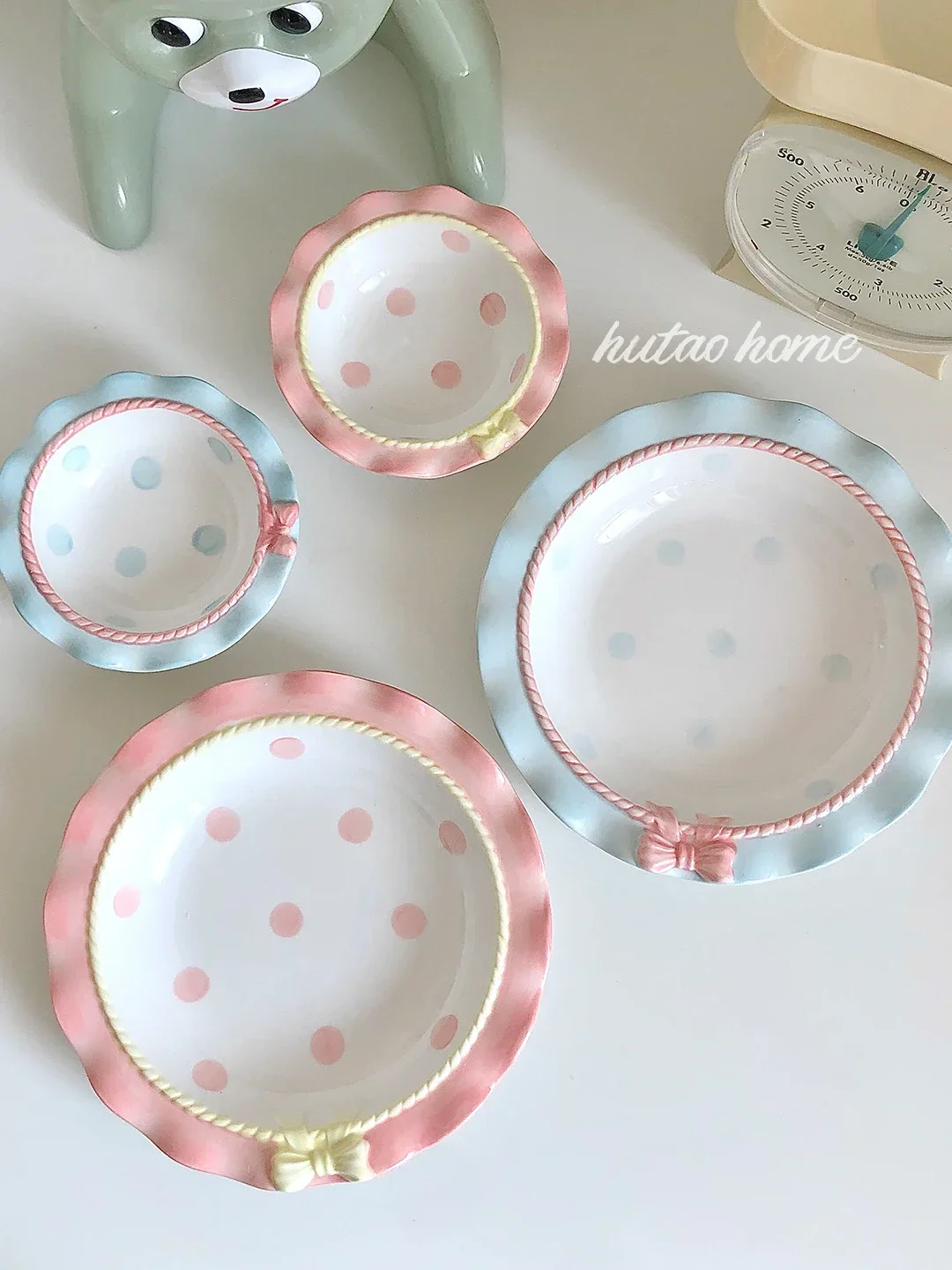 

INS Style Korean Style Girl Heart Pink Ceramic Tableware Set Polka Dot Bow Cute Small Bowl Rice Bowl Deep Plates Cute Plates