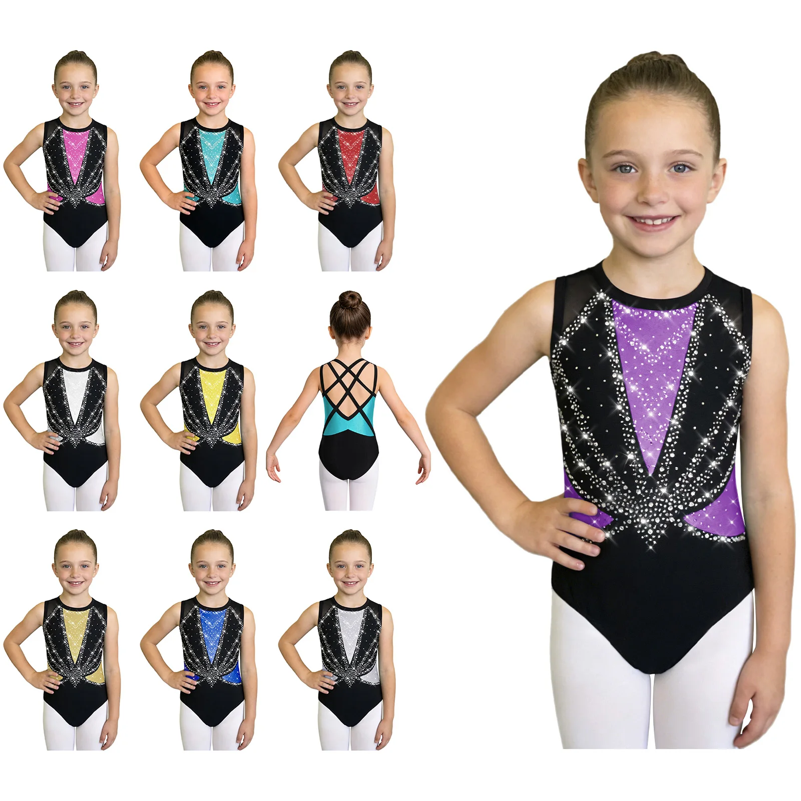 Kids Girls Dance Gymnastics Leotard Round Neck Sleeveless Crisscross Back Shiny Rhinestones Color Block Performance Dance Wear image 5