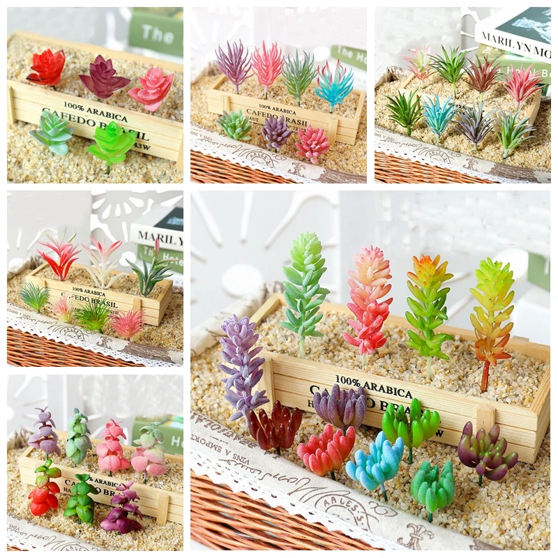 Spring Fall Artificial Succulents Plants Green Purple Pink Blue White Flocking Mini Desktop Bonsai Home Garden Party Decoration