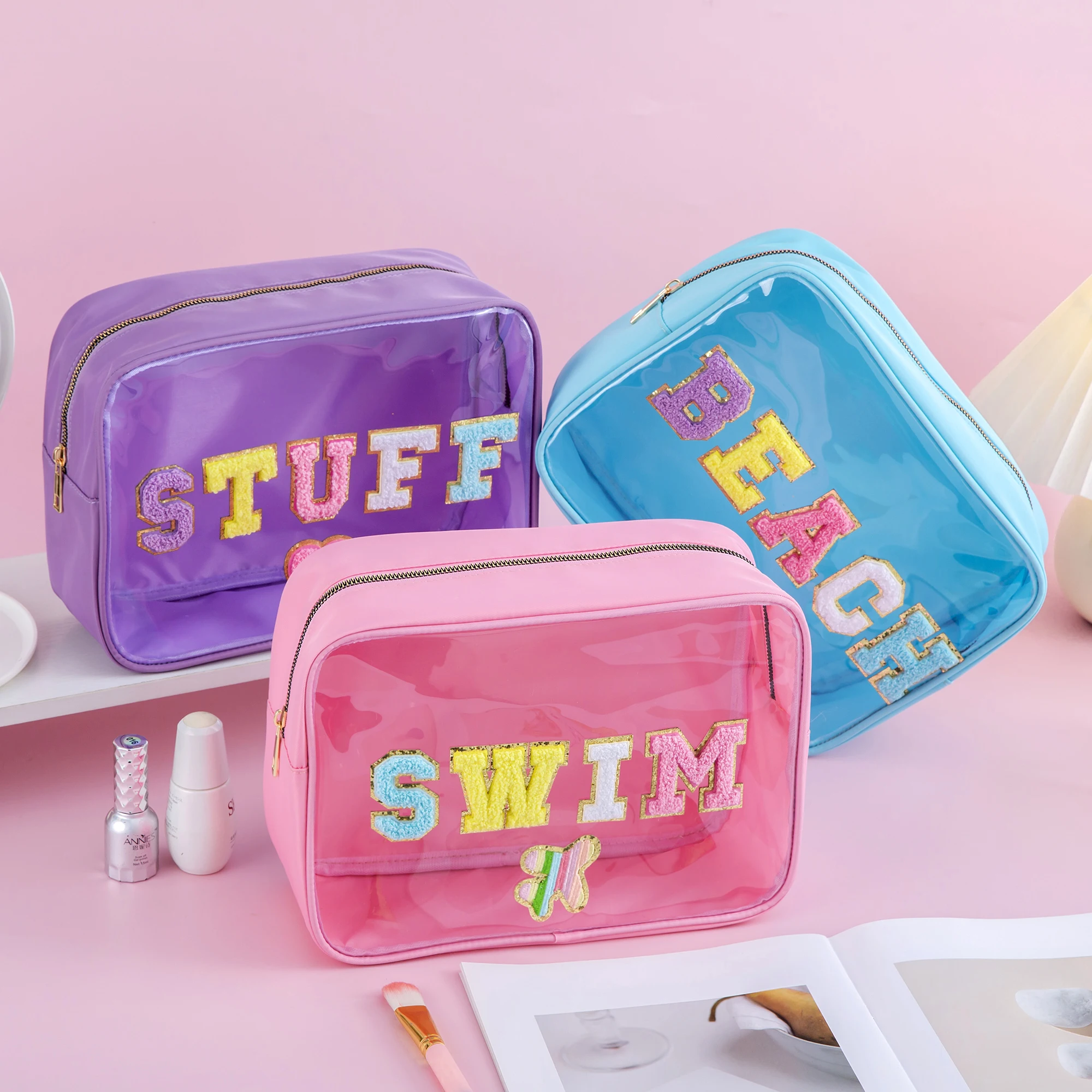 Cute Girls Women Large Capacity Waterproof Preppy Chenille Letter Clear PVC SWIM BEACH STUFF Makeup Bag Cosmetic Zipper Pouch