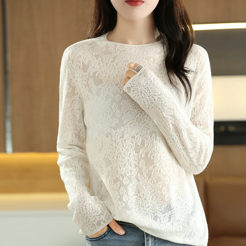 Spring And Summer Women\'s 100% Fine Wool Pullover Thin Sweater Hollowed-Out Silver Silk Long-Sleeve Soft Knitting Fashion Top