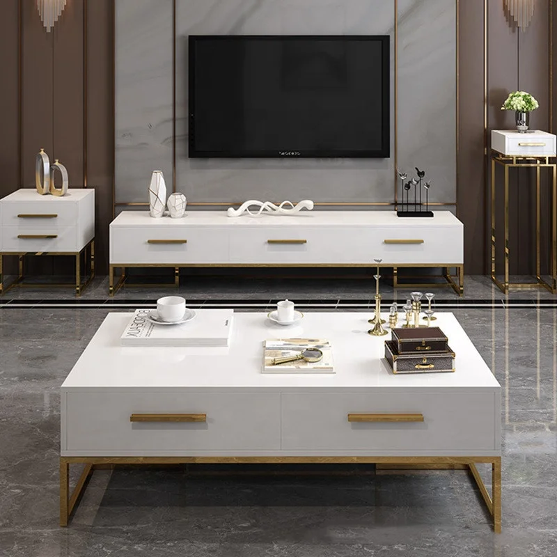 White High Gloss Coffee Tea Table With Gold Legs Mesas de centro MDF Cabinet Luxury Living Room Furniture Sets