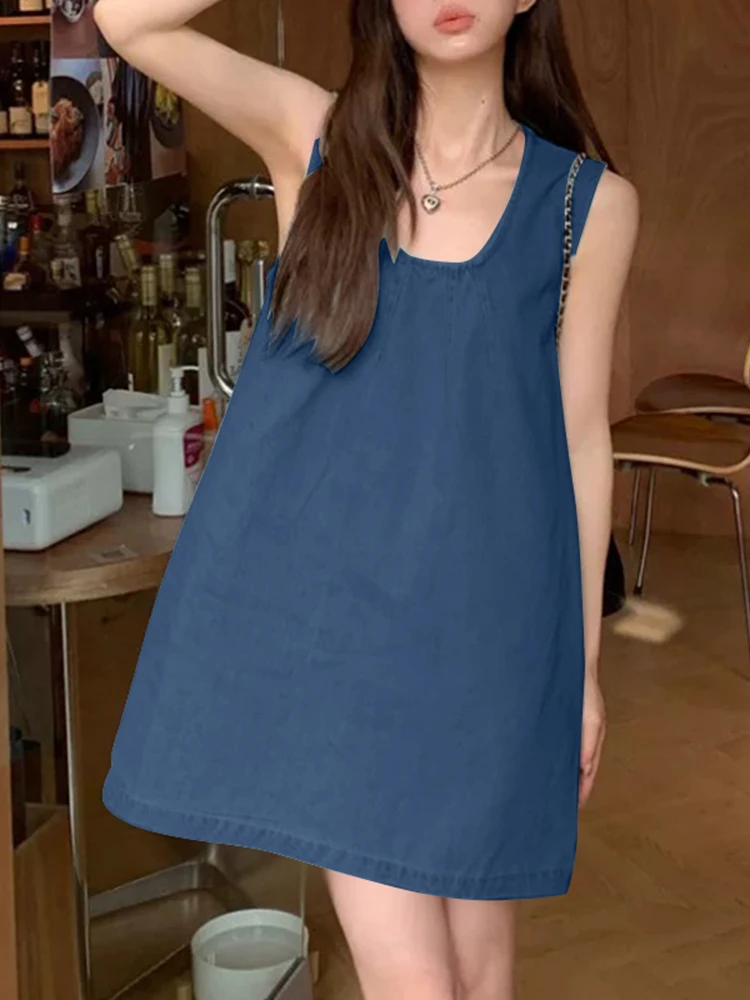 

VONDA Women Denim Mini Dress Summer Sundress 2025 Casual Sleeveless Party Vestidos Solid Color Short Robes Femme Oversized