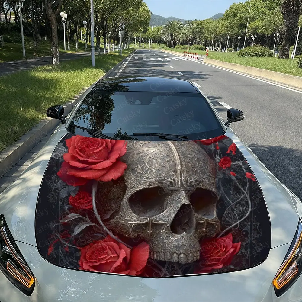 

Gothic Skull&Red Rose Car Hood Decal Sticker, Durable Car Vinyl Wraps Suitable For Most Vehicles, Car Engine Hood Protective Fil