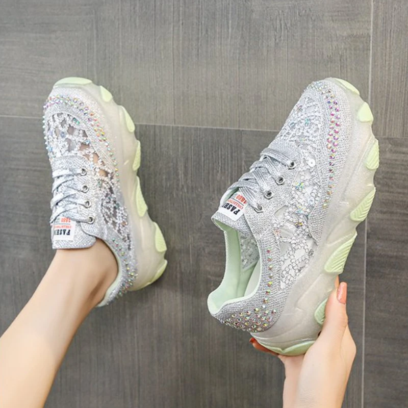 Women Sports Shoes Breathable Rhinestone Sparkling 2024 Autumn New Korean Version Jelly High Elasticity Thick Sole Casual Shoes