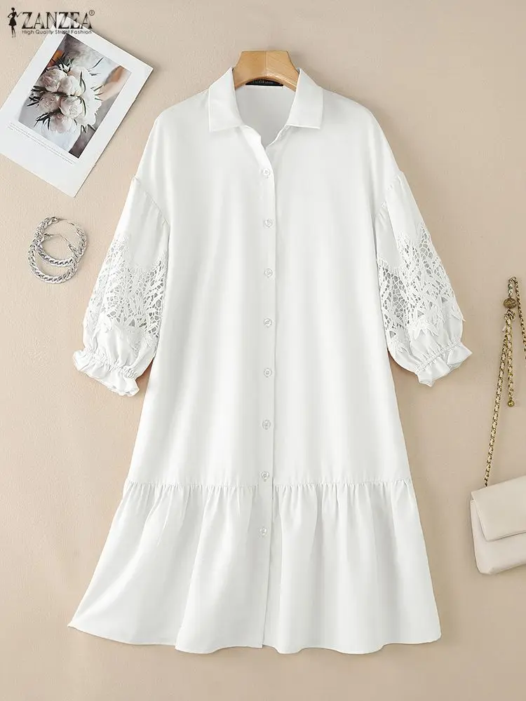 2026 ZANZEA Estate Del Merletto Crochet Vestito Estivo Delle Donne Alla Moda Camicia Ricamata Vestito Manica 3/4 Mini Vestito di Lavoro D'ufficio Abiti Robe