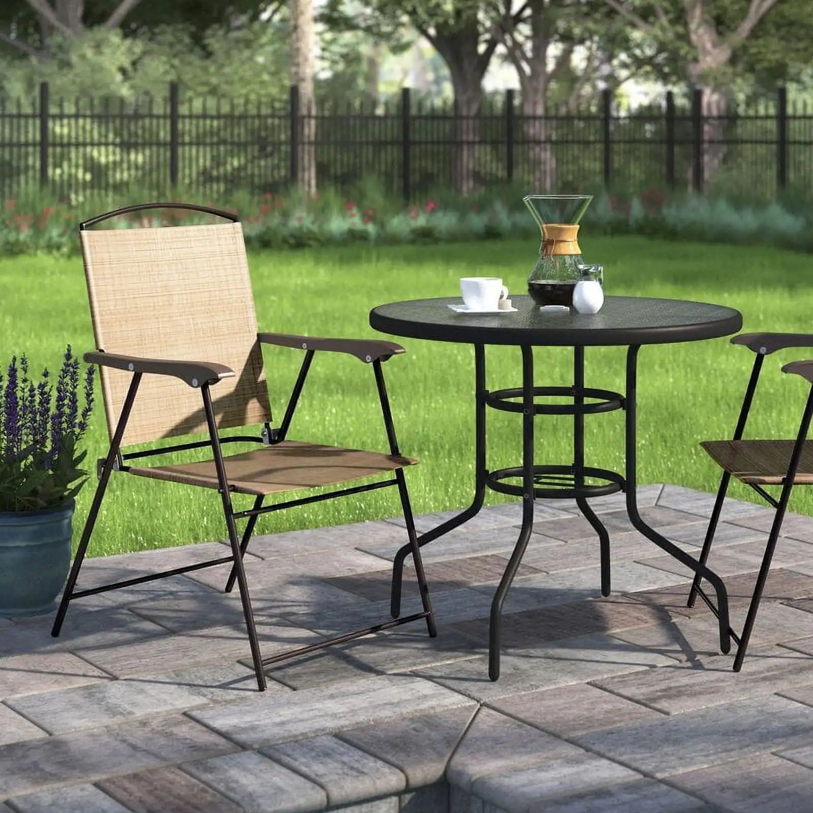 2개 조각 파티오 접이식 의자 야외 의자 Textilene 가구 의자 세트, 베이지