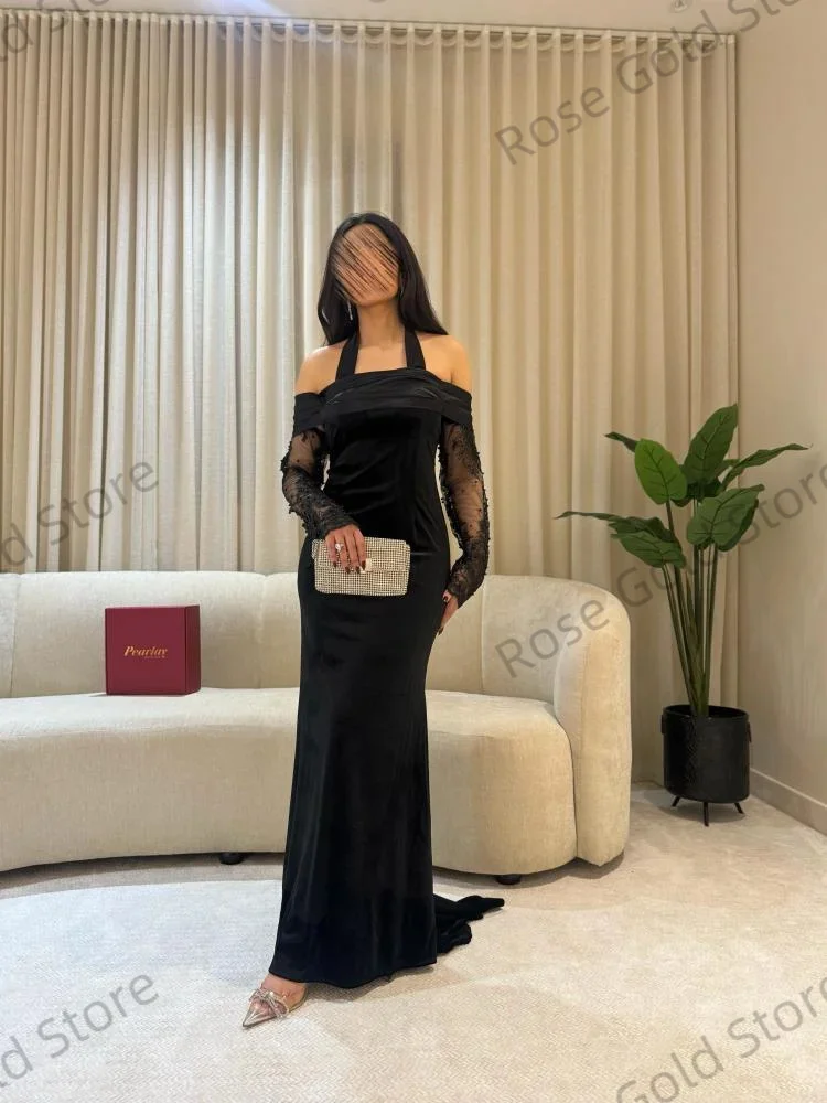 Preto sereia vestido de noite feminino halter beading formal vestido de gala personalizado mancha macia até o chão vestidos de casamento