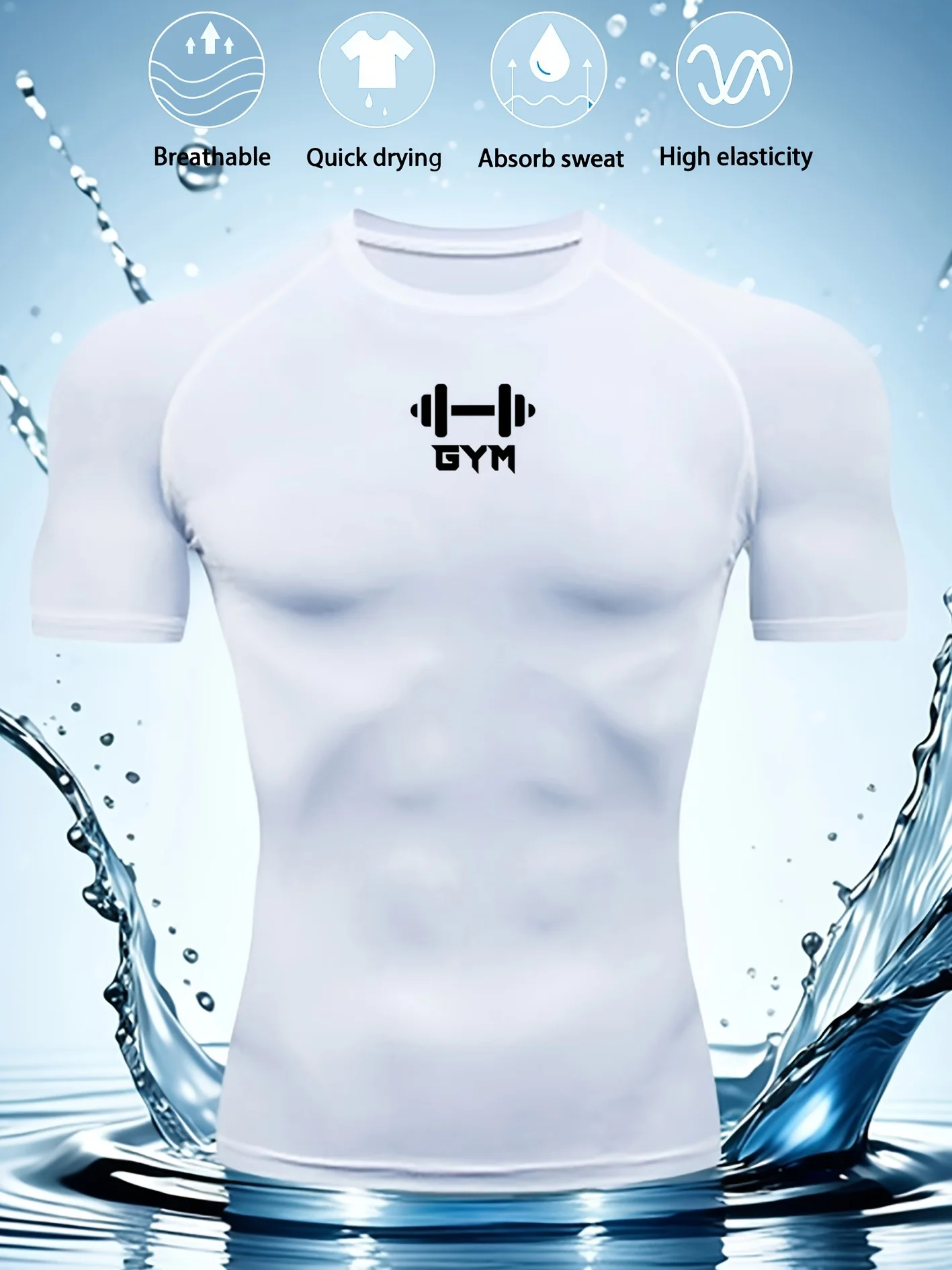 تي شيرت رياضي للياقة البدنية للرجال مع طباعة دمبل، قميص ضغط عالي المرونة مسامي مناسب للجري، Shap #2