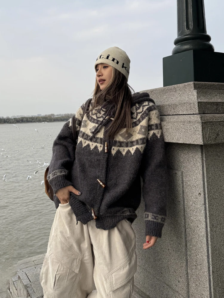 

American Sle Thiened Fair Isle Knitted Hoodie Cardigan Coat Men's Autumn Winter New Arrival Loose Fit Street Sle Long S...