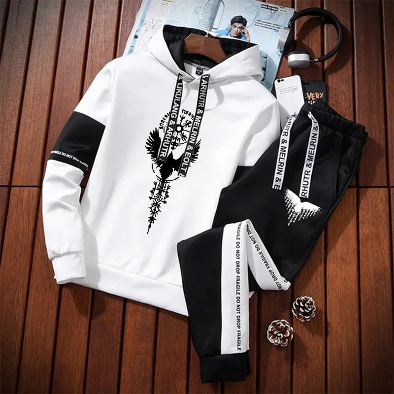 

Mens Athletic Jogging Suit Ancient Raven Hooded Tracksuit Winter Autumn Casual Sport Outfit Trendy 2025 Sweatpants