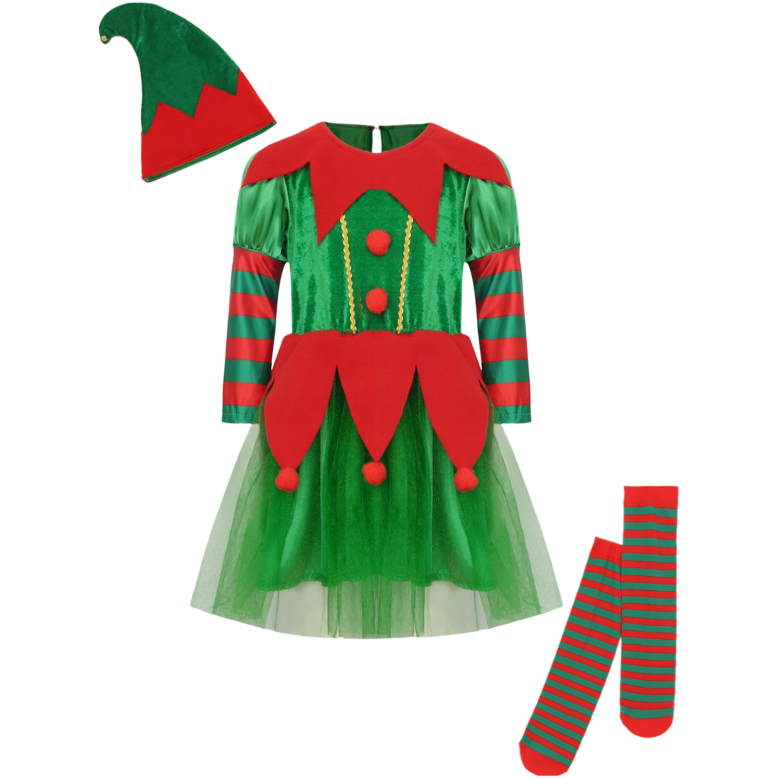 Christmas Elf Costumes for Girls Long Sleeve Dress with Hat Striped Socks Outfit Xmas Festival Party Santa Claus Fancy Dress Up