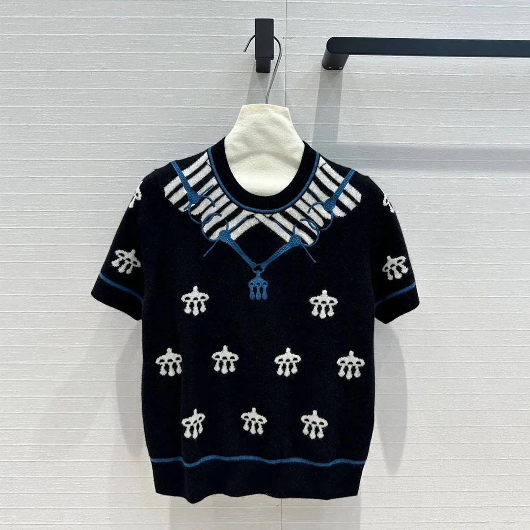 New Fashion Wool Cashmere Blends Knitted Top Women Sweater O-neck Short Sleeve Jacquard Embroidery Rope Pattern Autumn Pullover