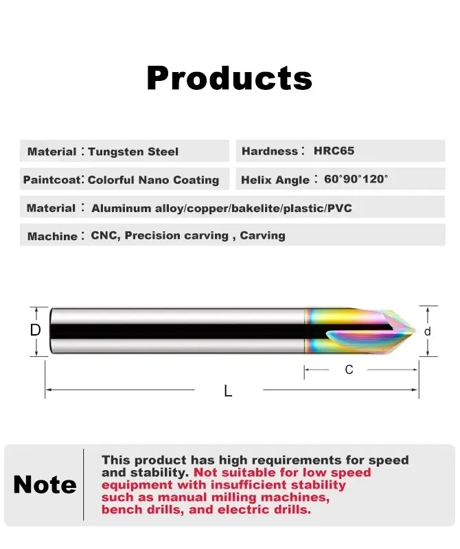 

Colorful Tungsten Steel Chamfer Cutter 60°90°120° 3-Flute CNC Endmills Tools