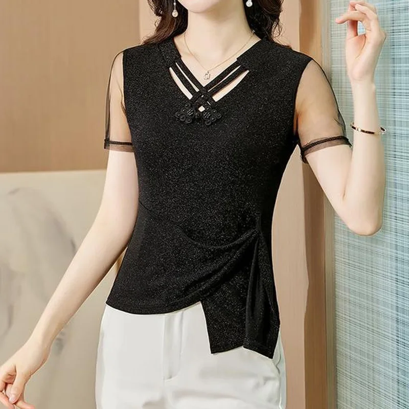 Vintage Solid Color Ladies Interior Lapping Slim Tops Summer Solid Short Sleeve Pullovers 2024 New Temperament Odzież damska