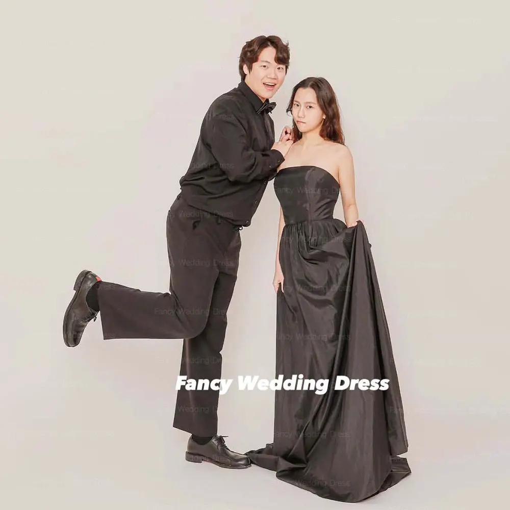 

Fancy Simple Black Taffeta Wedding Dress Korea Photography Strapless Sleeveless Evening Dresses Back Corset Customizedi