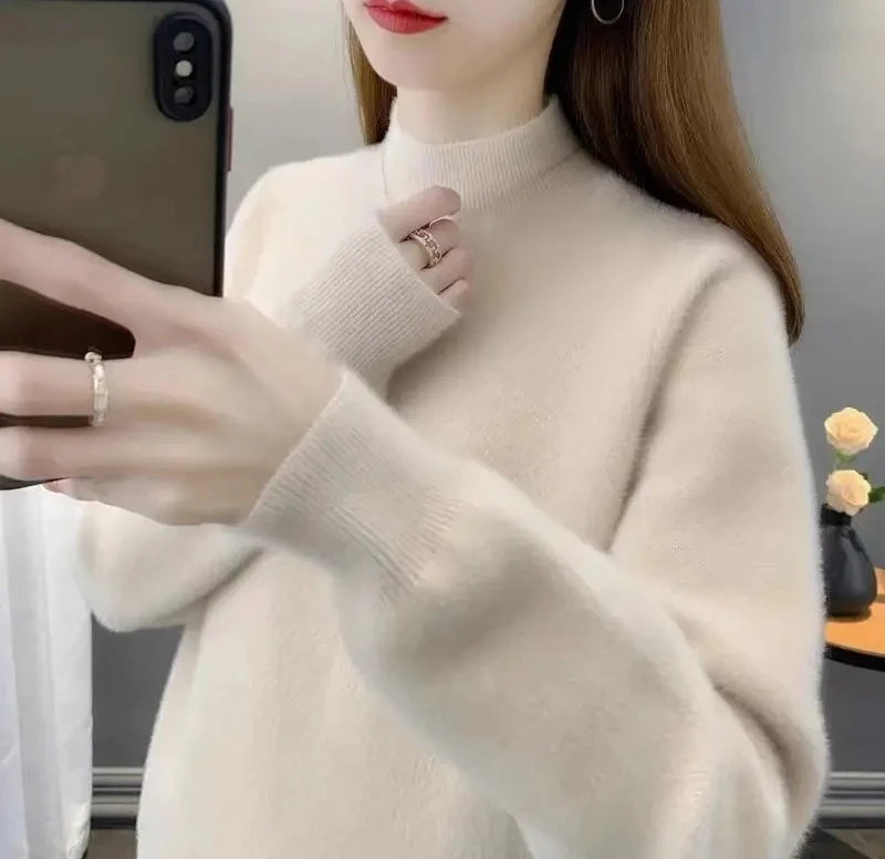 Modieuze korte nep-otterbont gebreide trui losse halfhoge kraag damesbasisshirt herfst wintercollectie