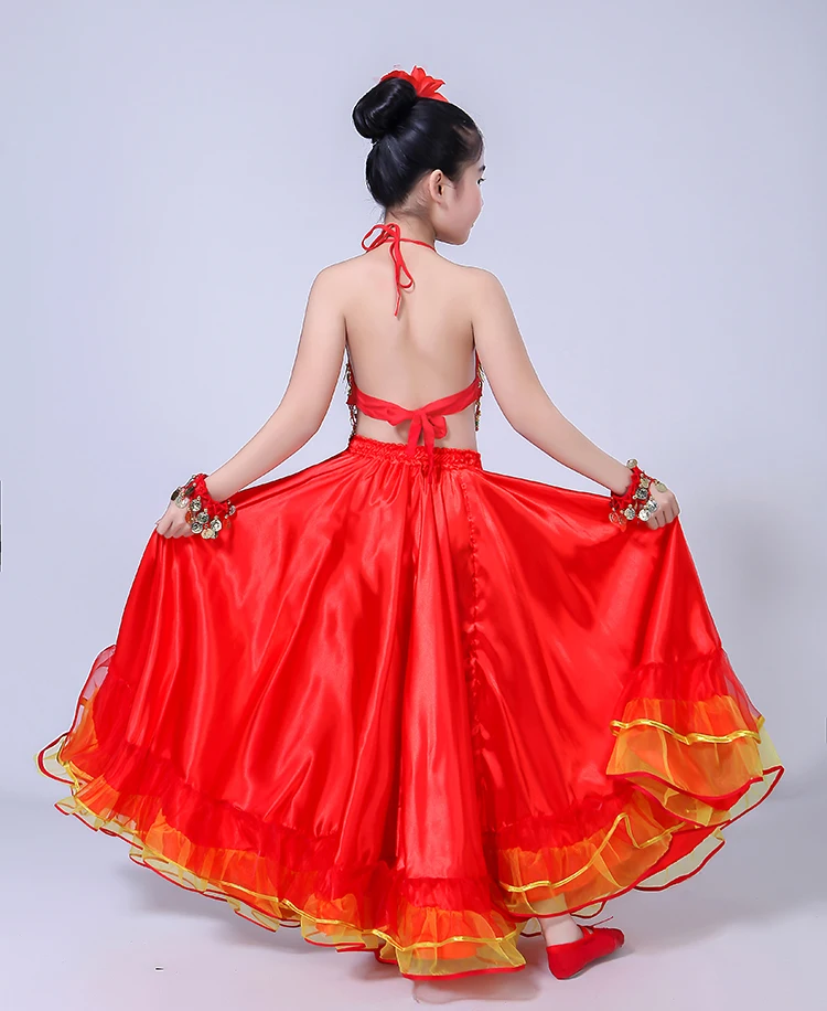 Girls Show Dance Dress Flamenco Spanish Gypsy Skirt Chorus Stage Performance Dresses for Girl Belly Spain Costume Kids 100-150cm