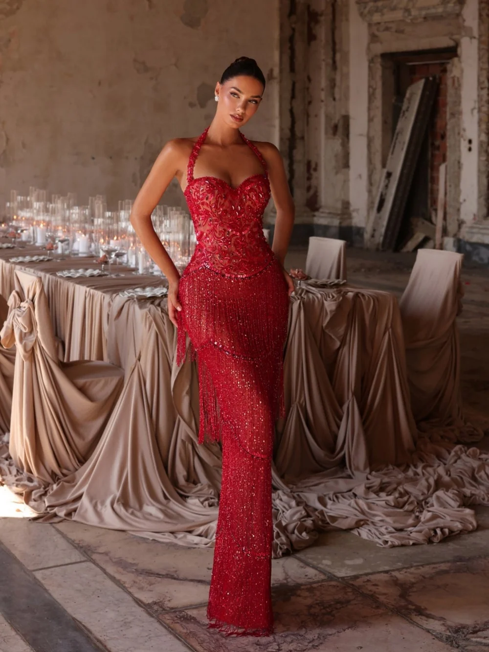 Glamorous Crystal Evening Gown Halter Sweetheart Lace Multi‑Layer Fringe Formal Prom Dress For Pageant Wedding Guest فساتين سهرة