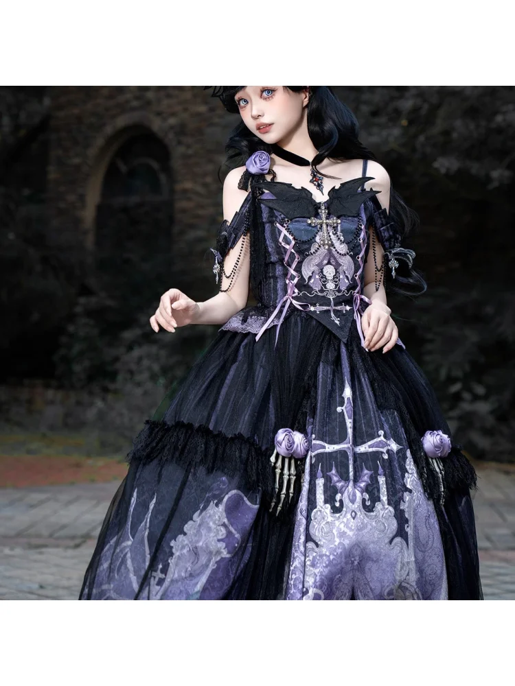 

Оригинальное элегантное платье со скелетом-призраком в стиле Лолиты, темное готическое элегантное платье, топ, комплект с половиной юбки, платье