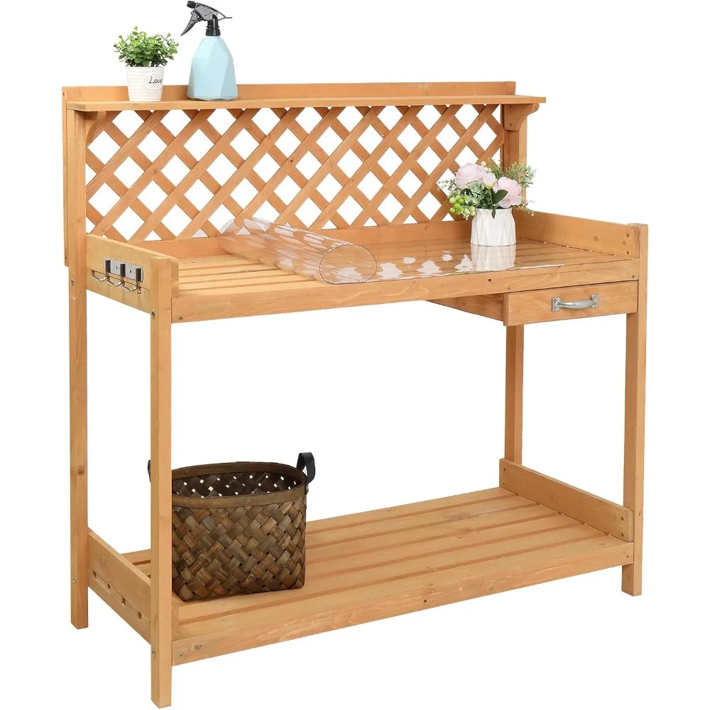 

Wood Garden Potting Bench Table with Cabinet Drawer, Open Shelf, Lower Storage and Hooks for Gardening Supplies (45 x 20 x 44in)