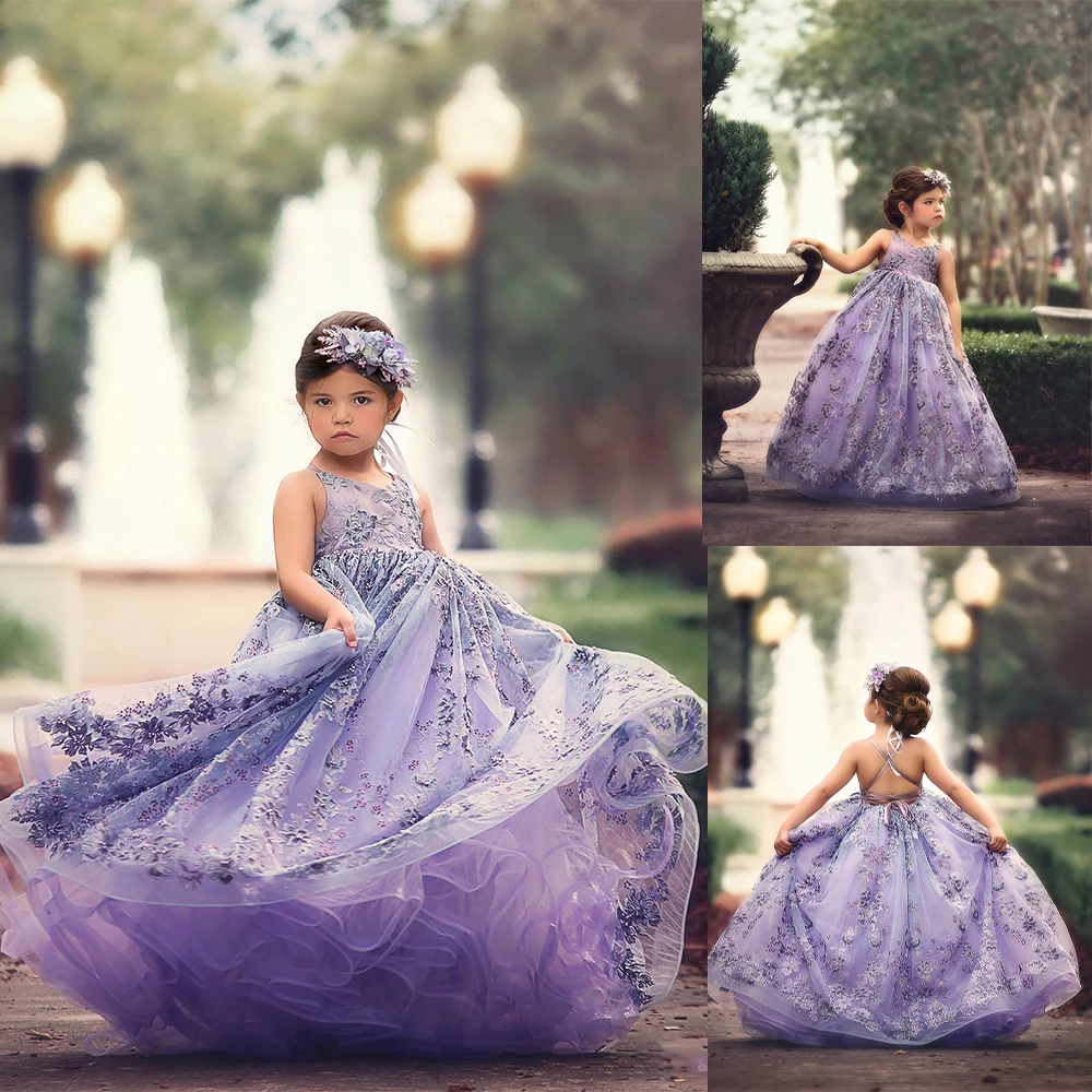 

Cute Purple Ball Gown Flower Girl Dresses For Wedding Luxury 3D Floral Appliqued Toddler Pageant Backless Tulle Kids Gowns