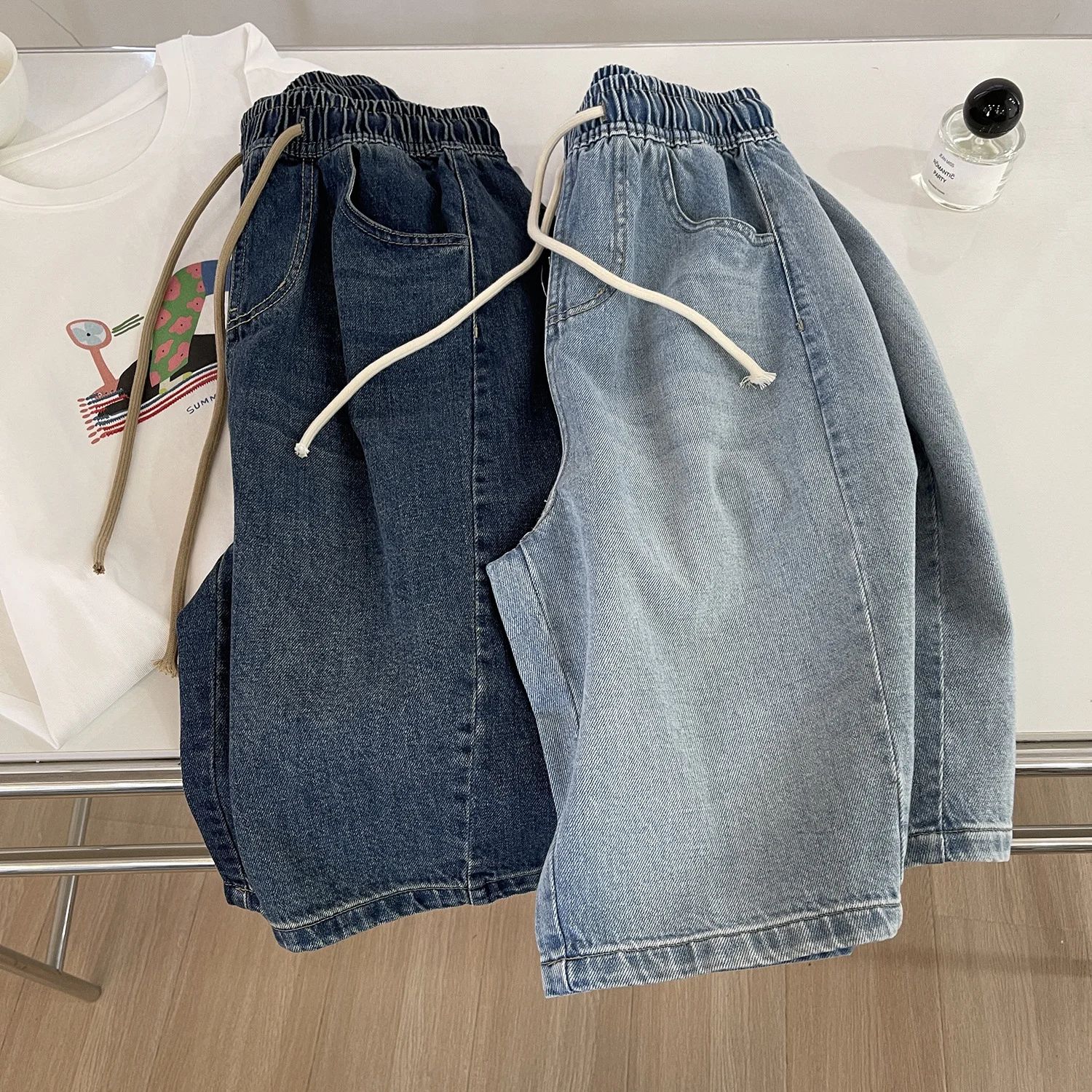 Jean en Denim délavé rétro pour femmes, ample, confortable, épissage élastique, taille haute, short décontracté, polyvalent, jambes larges, demi-pantalon
