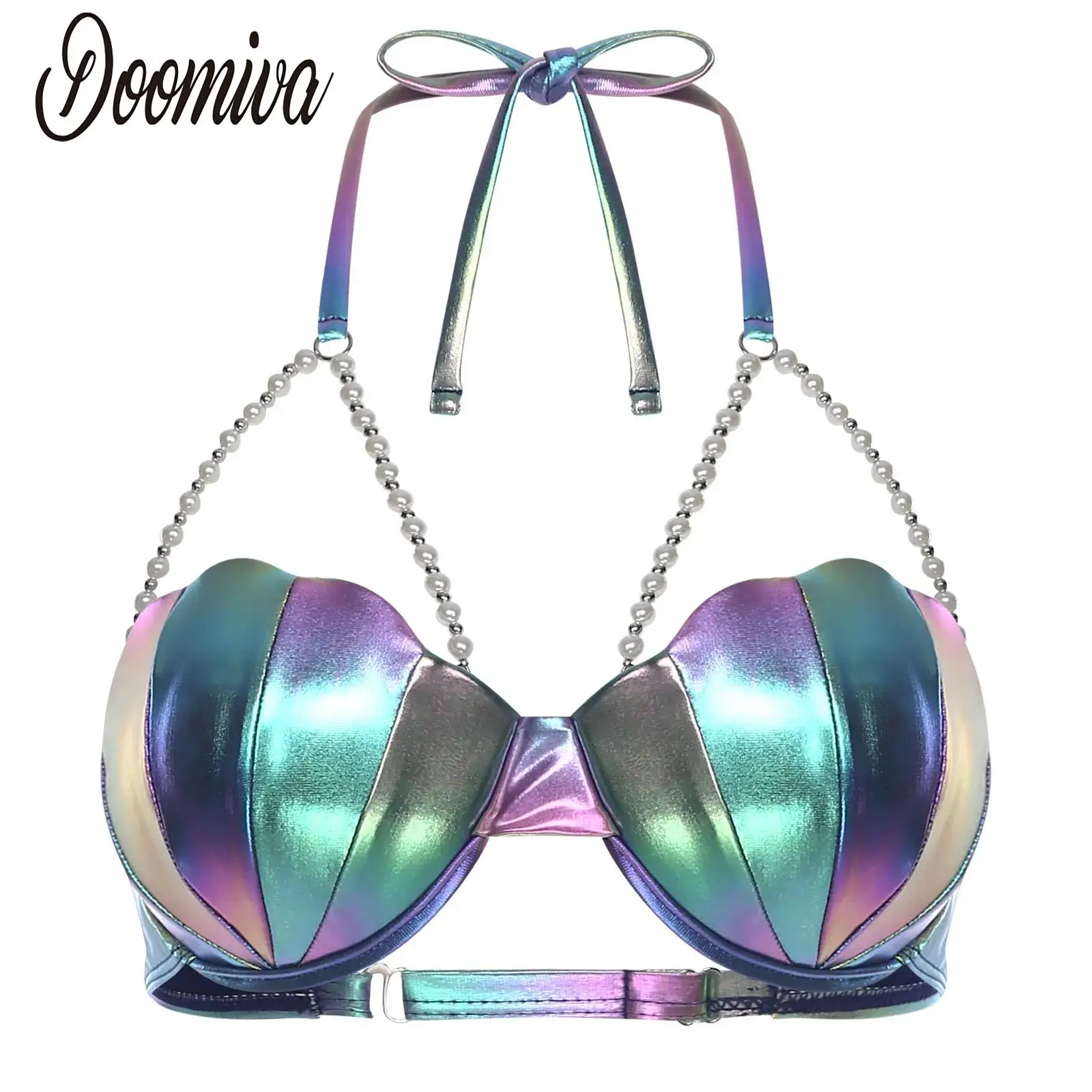 

Женское блестящее нижнее белье русалки для косплея, купальник-бикини, бюстгальтер с лямкой на шее, жемчужные цепочки, легкий мягкий топ для плавания, пляжный бюстгальтер для вечеринки у бассейна