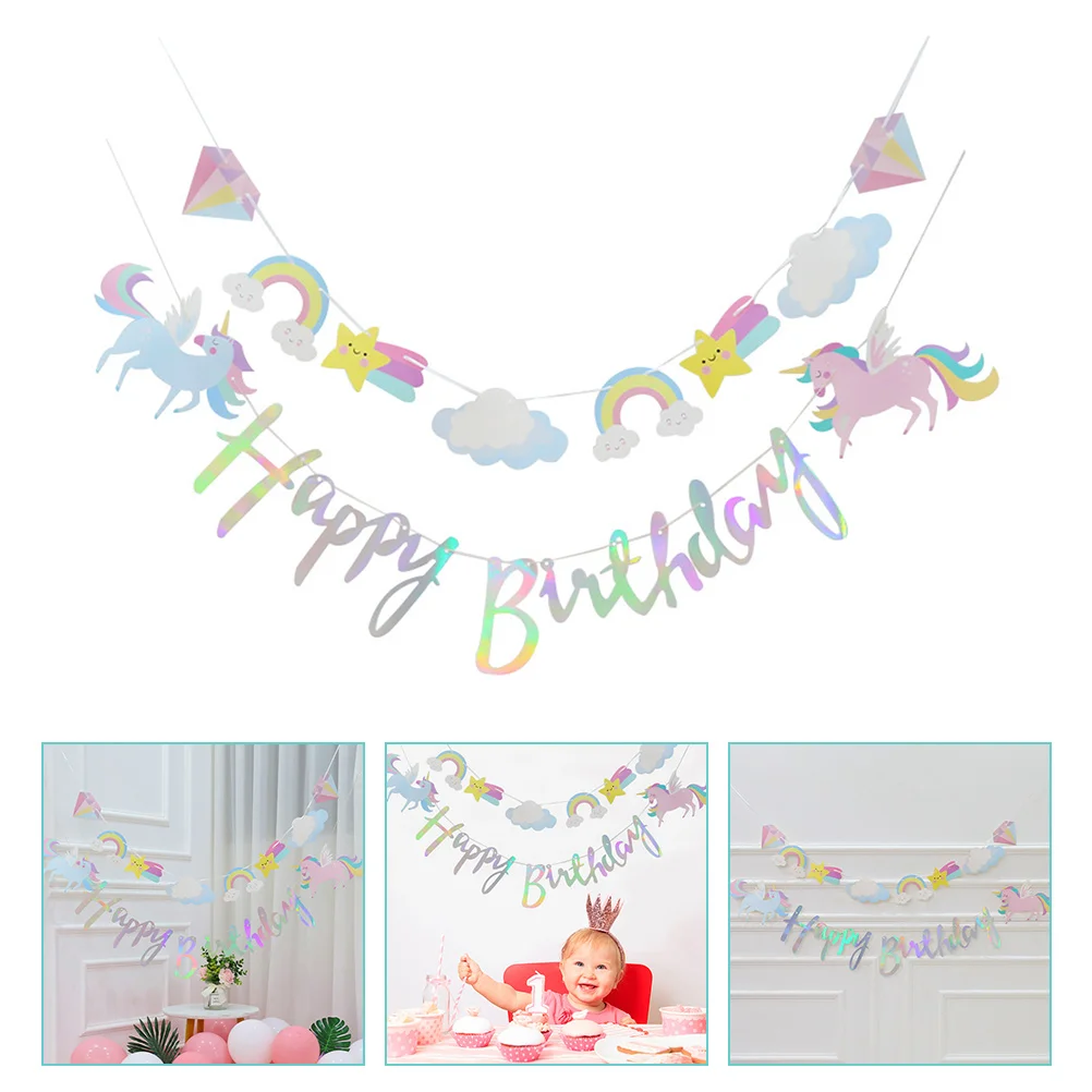 

2 set Birthday Banner Rainbow Star Happy Birthday Party Decoration Bunting For Home Decorative Celebration Flag