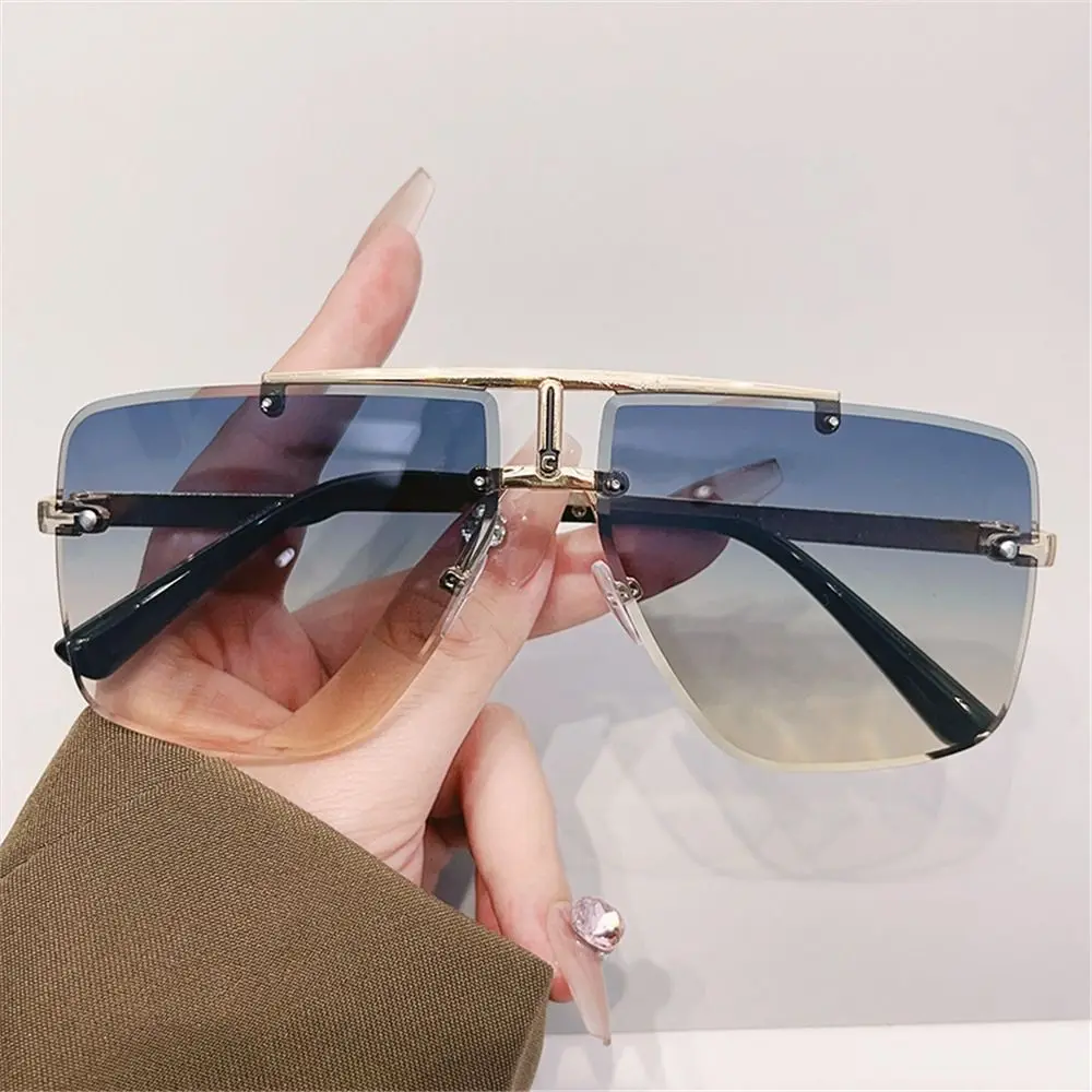 Oversized Double Bridge Sunglasses Square Frame Frameless Men's Shades UV Protection Rimless Street Shooting Eyewear