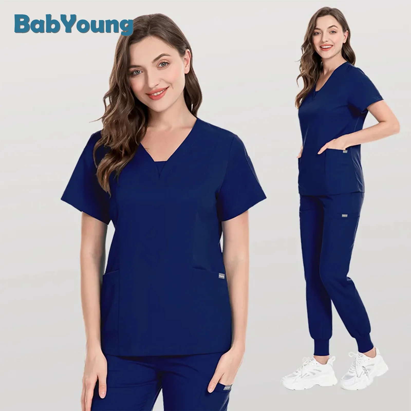 

New Fashion Scrub Suits Hospital Uniform Solid Color Unisex Surgical Gown Pocket V-Neck Scrubs Set For Women Joggers